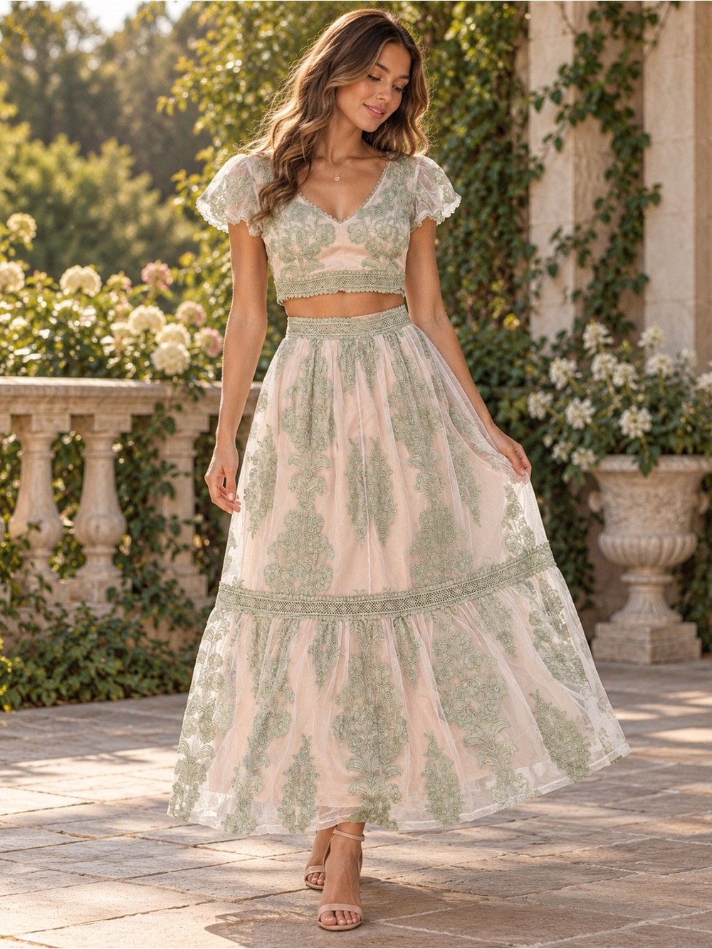 Alter’d State XS 2 Piece Floral Embroidered Lace Maxi Skirt Crop Top Set